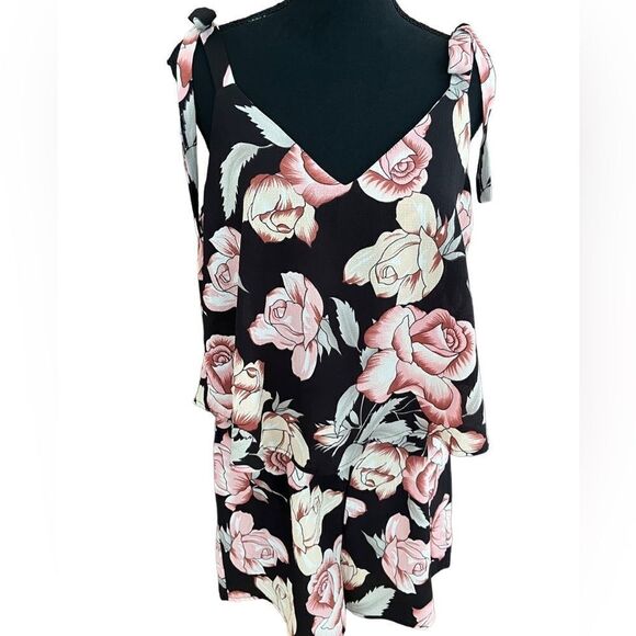 LUNA black floral tiered sleeveless romper with tie shoulders size L - Picture 1 of 8